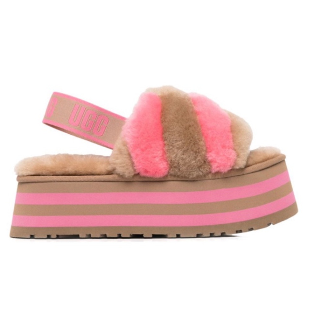 UGG Pink and Tan Fuzz Platform Sandals